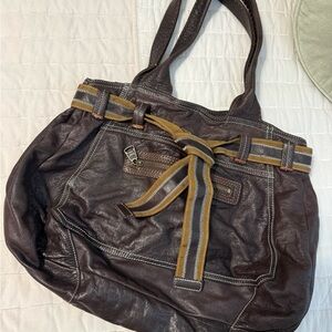 GAP Dark Brown Leather Tote with Tan and Olive Stripe Belt